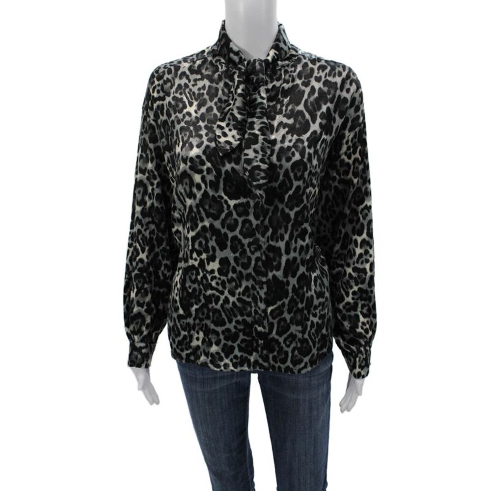Absolu Womens Black Animal Print Collared Long Sleeve Blouse Size S